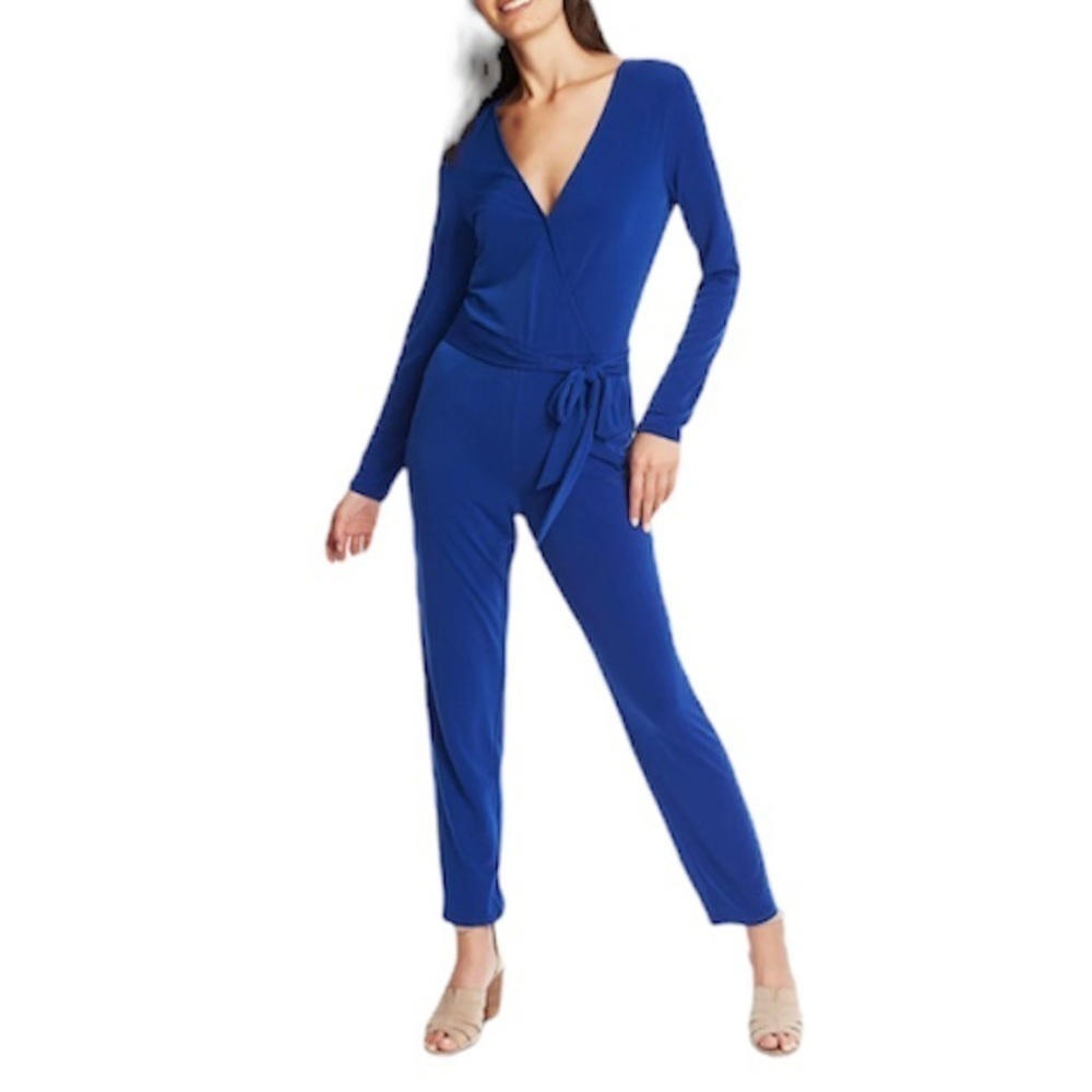 1.State Belted Long Sleeve Jersey Jumpsuit Cobalt Blue